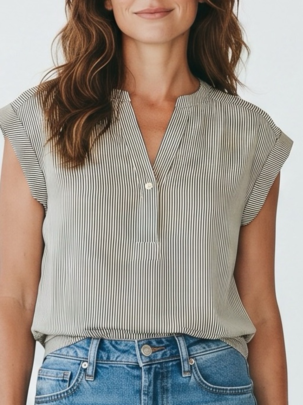 ☀️☀️☀️3 for $30!Blue Blouse Pinstripe Business Casual Summer Coastal Grandmother - Picture 3 of 8